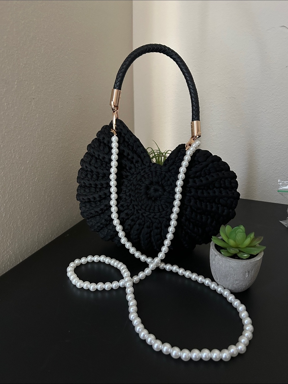 Black Crochet Shell Shoulder Bag with Black Cord and Pearl Strap
